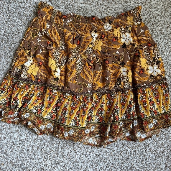 🦋 Rachel Zoe Yellow Brown Floral Ruffle Mini Skirt Stretch Casual Large - Picture 1 of 6